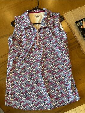 Bette & Court Sleeveless Zigzag Zip Polo Tank - Pink/Gray/White